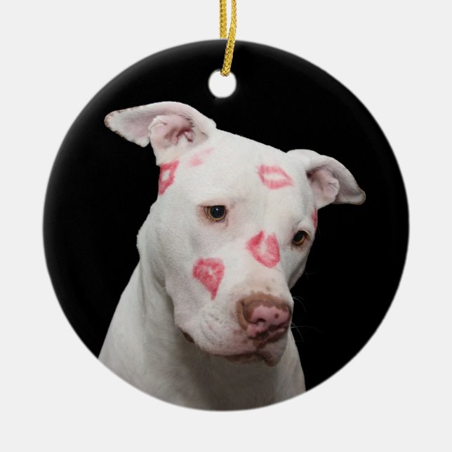 Vit Pit Bull med kyssar Julgransprydnad Keramik (Framsidan)