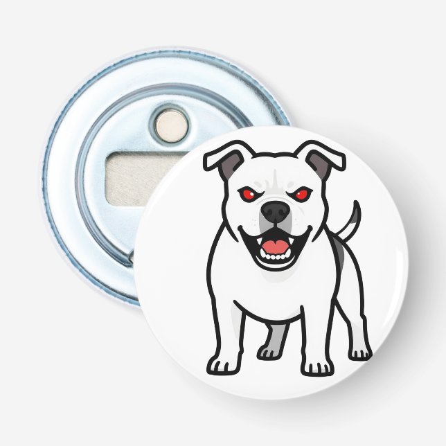 Vit Pitbull Röda Ögon Ilsken Tecknad Hund Present Flasköppnare (Framsidan)
