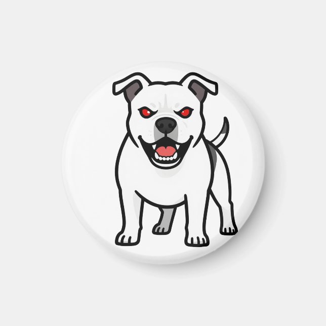 Vit Pitbull Röda Ögon Ilsken Tecknad Hund Present Magnet (Framsidan)