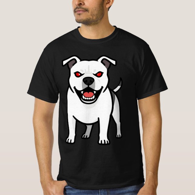 Vit Pitbull Röda Ögon Ilsken Tecknad Hund Present T Shirt (Framsida)