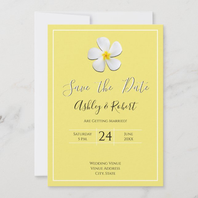 Vit plana blomma på Gult, modernt datum för Spara Inbjudningar (Framsida)