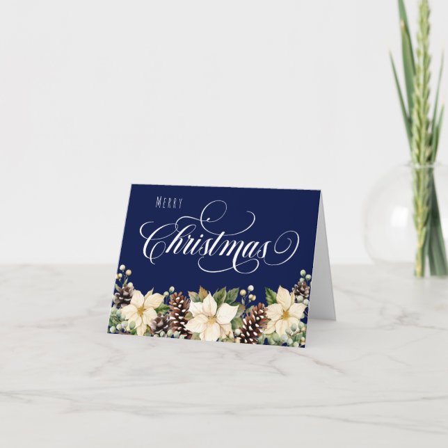 Vit Poinsettia vikt blå Helgkort (Framsida)
