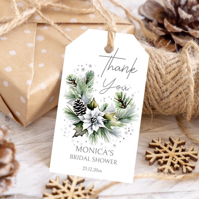 Vit poinsettia vintertack för möhippan presentetikett (White poinsettia winter bridal shower thank you gift tags elegant watercolor pines poinsettia favor )