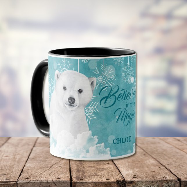 Vit Polar Bear Teal Snowflake Tro Mugg (Skapare uppladdad)