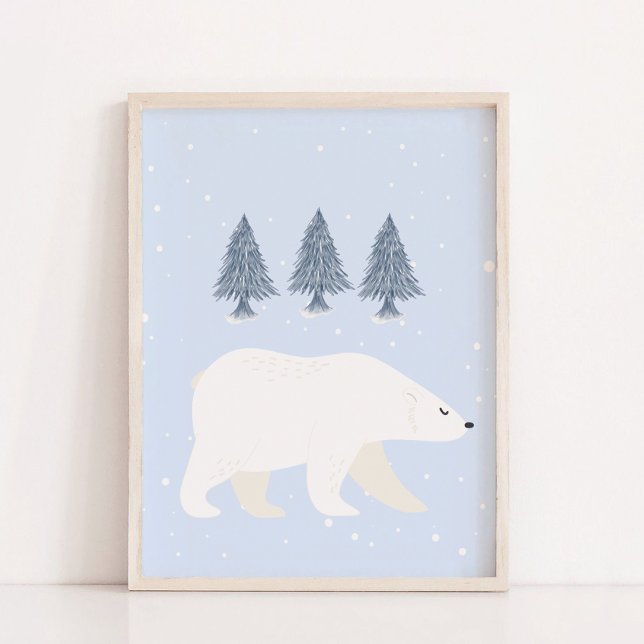 Vit Polar i Snö Bear Nursery Wall Decor Poster (Blue White Snow Winter Polar Bear Nursery Wall Decor)