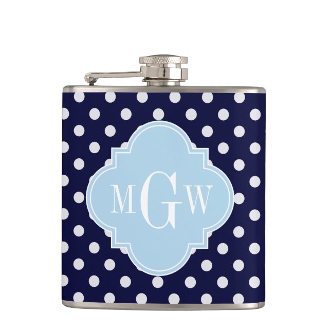 Vit Polka dots Lt Blue Quatrefoil 3 Monogram Fickplunta (Framsidan)