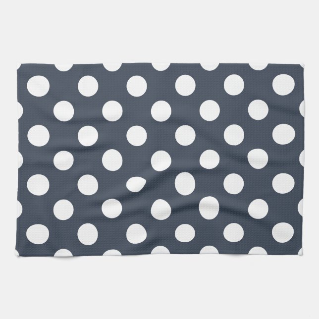Vit polka dots på blått grått kökshandduk (Horisontell)