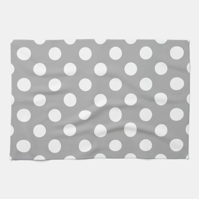 Vit polka dots på grått kökshandduk (Horisontell)