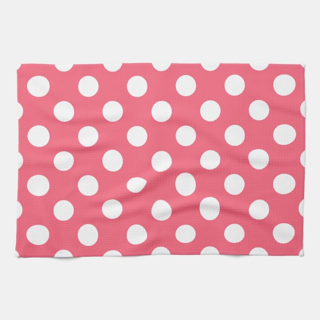 Vit polka dots på korall kökshandduk (Horisontell)