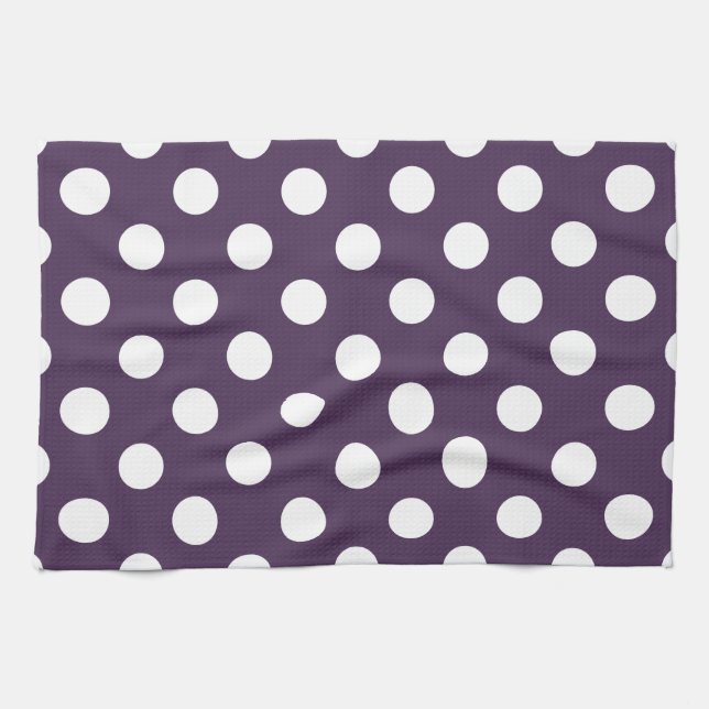 Vit polka dots på plommons lila kökshandduk (Horisontell)