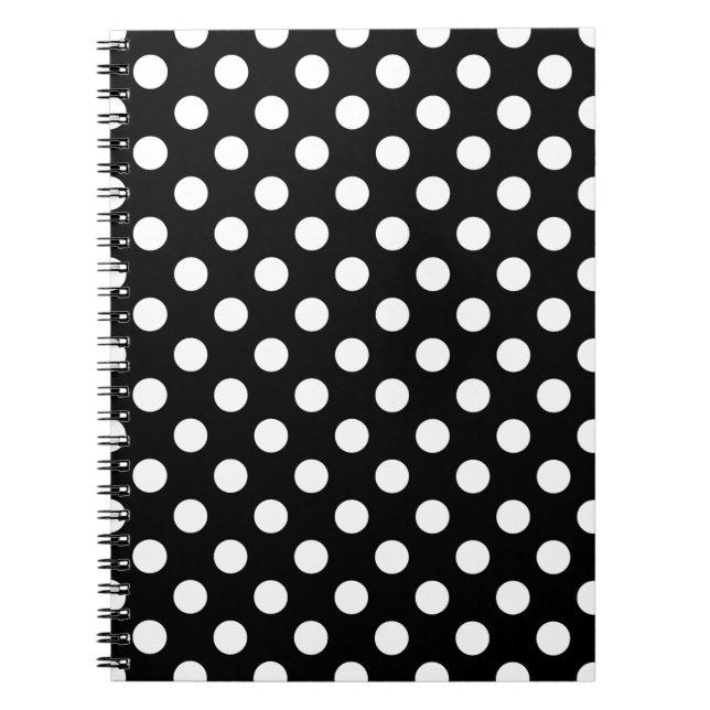 Vit polka dots på svart anteckningsbok med spiral (Framsidan)
