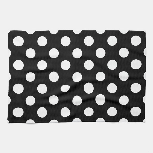 Vit polka dots på svart kökshandduk (Horisontell)