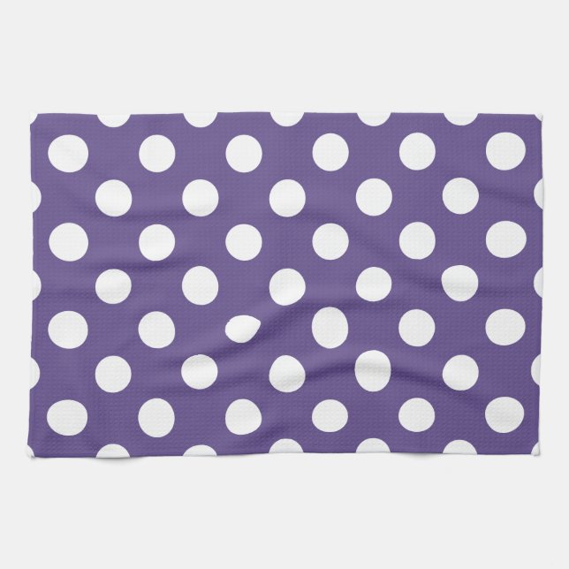 Vit polka dots på ultraviolett kökshandduk (Horisontell)