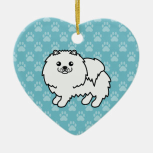 Vit Pomeranian Hund Tecknad Illustration På Blå Julgransprydnad Keramik