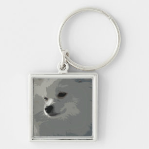 Vit Pomeranian Keychain Fyrkantig Silverfärgad Nyckelring