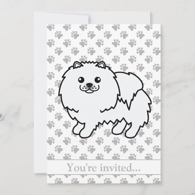 Vit Pomeranian Söt Tecknad Hund Födelsedagsfest Inbjudningar (Framsida)