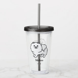 Vit Pomeranian Söt Tecknad Hund & Namn Take Away Mugg