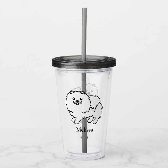 Vit Pomeranian Söt Tecknad Hund & Namn Take Away Mugg (Framsida)