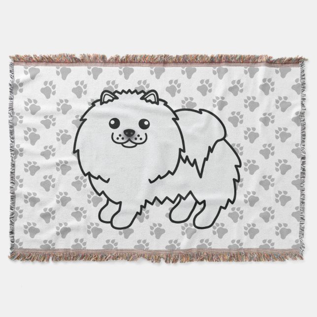 Vit Pomeranian Söt Tecknad Hund & Tassar Filt (Framsidan)
