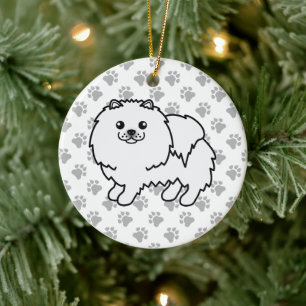 Vit Pomeranian Söt Tecknad Hund & Tassar Julgransprydnad Keramik