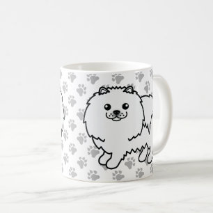 Vit Pomeranian Söt Tecknad Hund & Tassar Kaffemugg