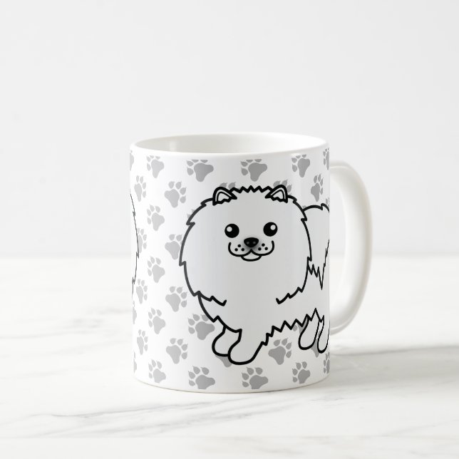 Vit Pomeranian Söt Tecknad Hund & Tassar Kaffemugg (Framsida höger)