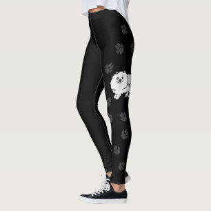 Vit Pomeranian Söt Tecknad Hund & Tassar Leggings