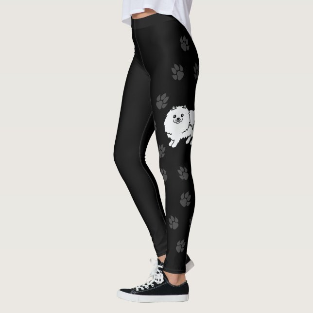 Vit Pomeranian Söt Tecknad Hund & Tassar Leggings (Vänster)