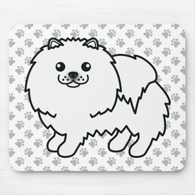 Vit Pomeranian Söt Tecknad Hund & Tassar Musmatta (Framsidan)