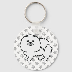 Vit Pomeranian Söt Tecknad Hund & Tassar Nyckelring