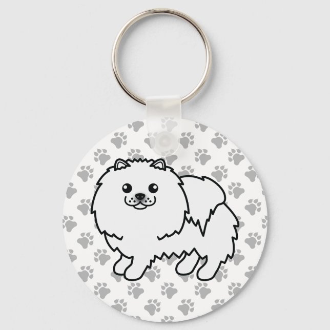 Vit Pomeranian Söt Tecknad Hund & Tassar Nyckelring (Framsida)