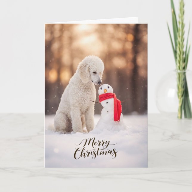 Vit Poodle Julsnöman Helgkort (Framsida)