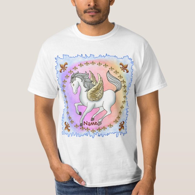 Vit Prancing Pegasus Enhörning T Shirt (Framsida)
