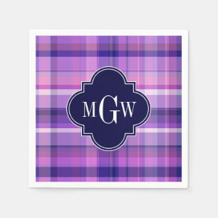 Vit Preppy Madras för Amethyst rosa marin Monogram Pappersservett
