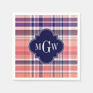 Vit Preppy Madras för ljus korallmarin Monogram Pappersservett