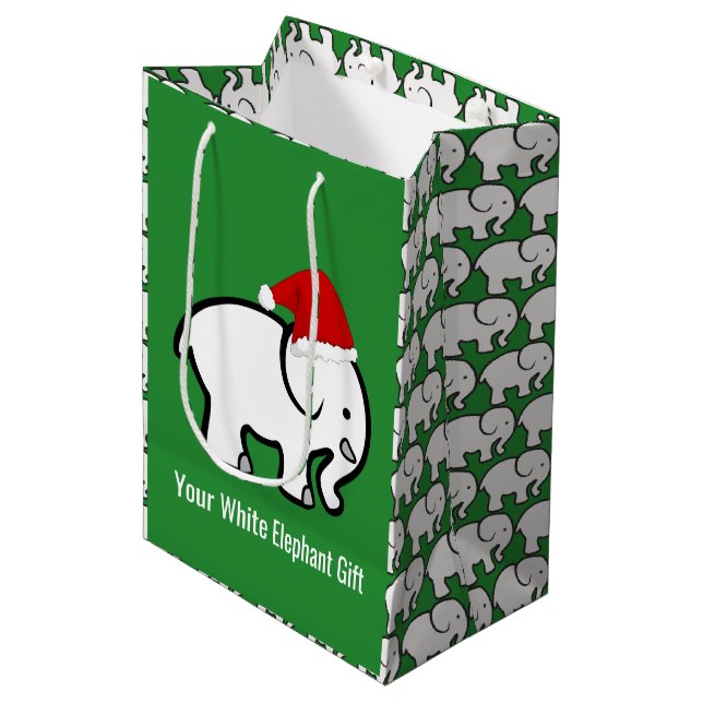 Vit presentbag med elefant i julhatt (Framsidan Vinklad)