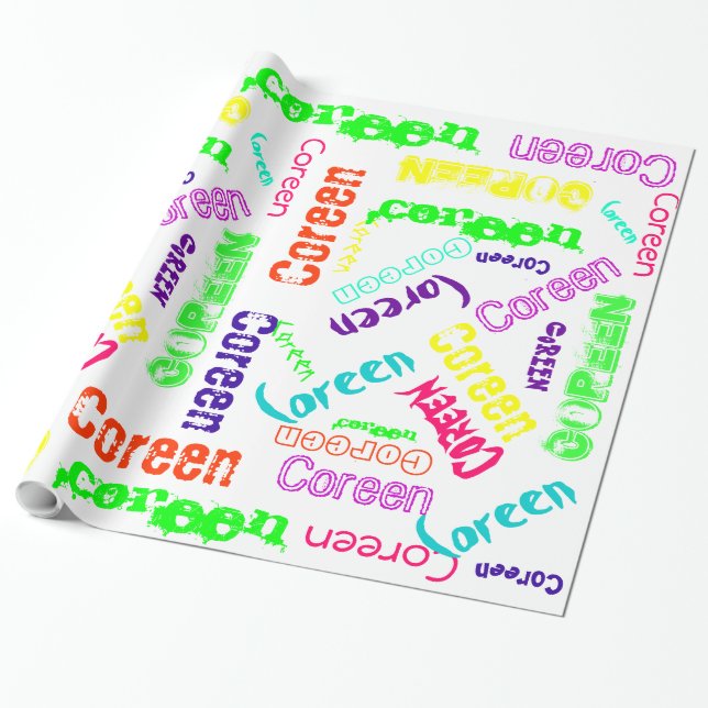 Vit presentförpackning neonfärg Namn Collage Presentpapper (Utrullad)