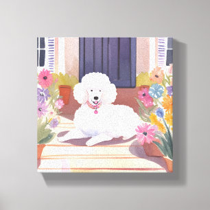 Vit Pudel Hund Husdjur Akvarell Blommor Canvastryck