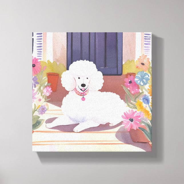Vit Pudel | Hund Husdjur Akvarell Blommor Canvastryck (Framsida)