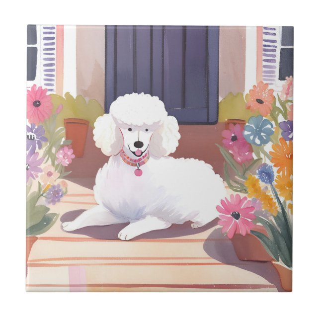 Vit Pudel | Hund Husdjur Akvarell Blommor Kakelplatta (Framsidan)