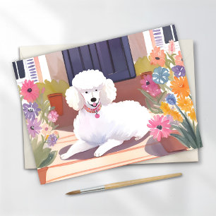Vit Pudel Hund Husdjur Akvarell Blommor Vykort