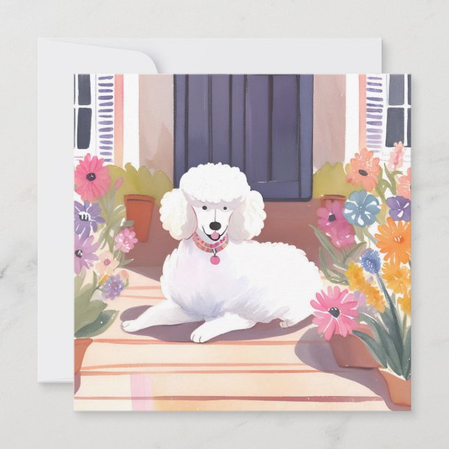 Vit Pudel | Hund Vattenfärg Blommor Kort (Framsida)