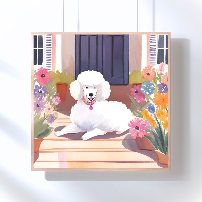 Vit Pudel | Hund Vattenfärg Blommor Poster (Skapare uppladdad)