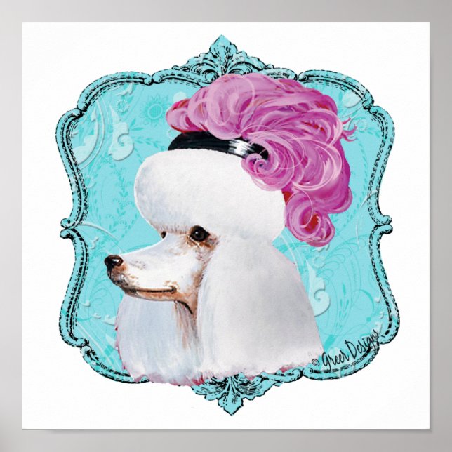 Vit Pudel Rosa Feather Hat Poster Skriv ut (Framsidan)