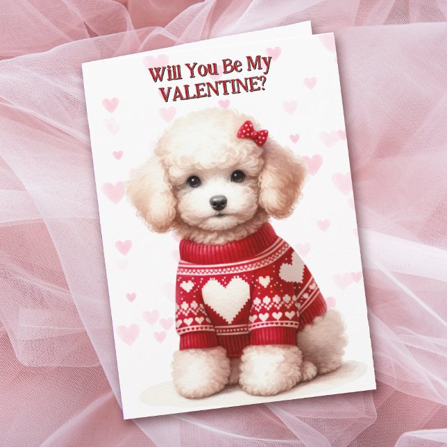 Vit Pudel-valp i Sweater Valentine Helgkort (Skapare uppladdad)