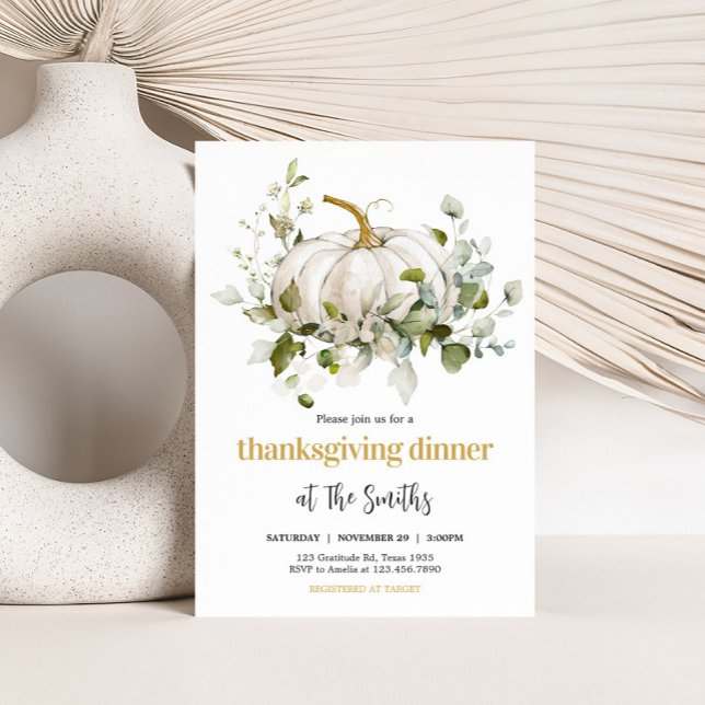 Vit pumpa höst tackgivnings middagsfest inbjudningar (White Pumpkin Thanksgiving Dinner Party Invitation)