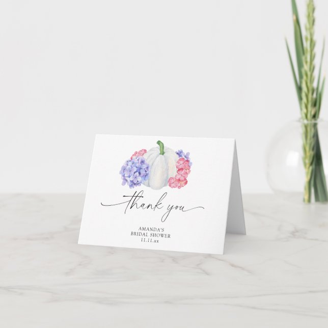 Vit pumpa och hortensia blommor bröllopsdusch tack kort (Framsida)