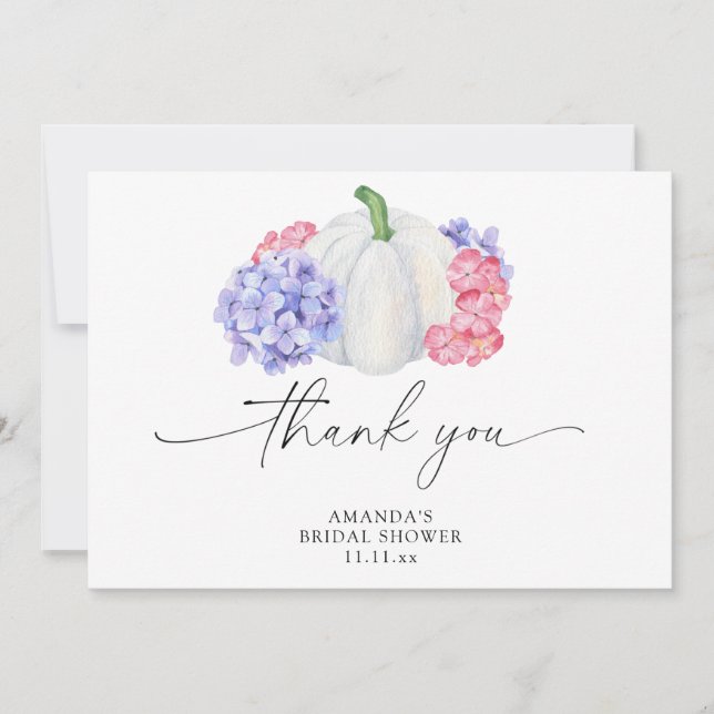 Vit pumpa och hortensia blommor bröllopsdusch tack kort (Framsida)