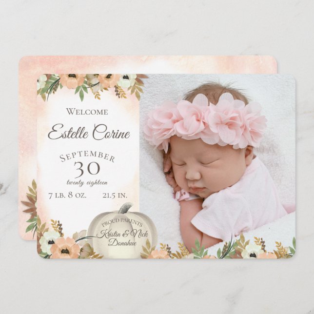 Vit Pumpkin Blommigt Birth Announcement med Photo Inbjudningar (Fram/baksida)