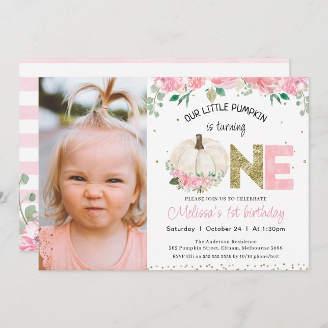 Vit Pumpkin Blommigt Guld Ord Foto 1:a födelsedag Inbjudningar (Fram/baksida)